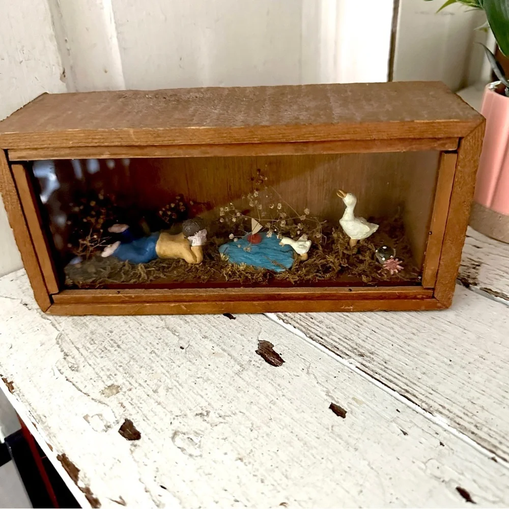 Vintage Boy at a Pond with Ducks Sailboat Diorama Antique Wood Wall Hang Decor